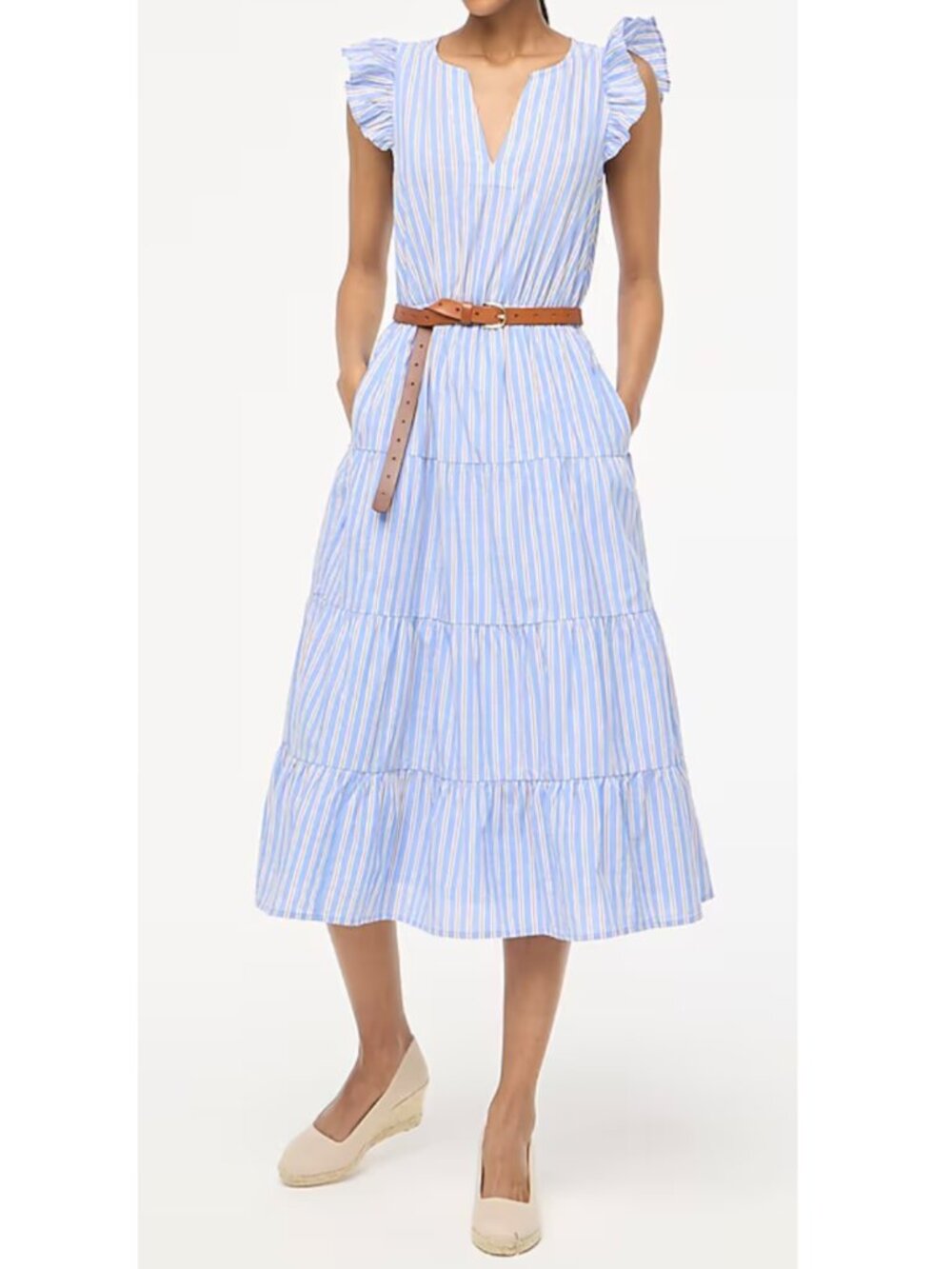 J Crew Ruffle-Sleeve Tiered Midi Cotton Dress Blue White Striped Sz 12 Large GUC